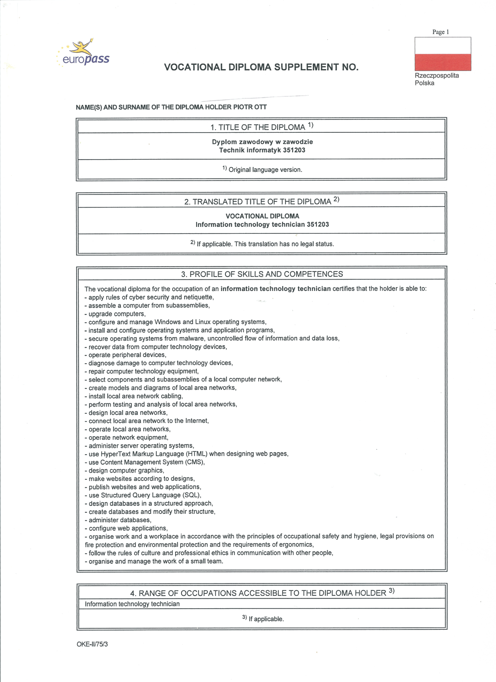 Europass Diploma english version page 1