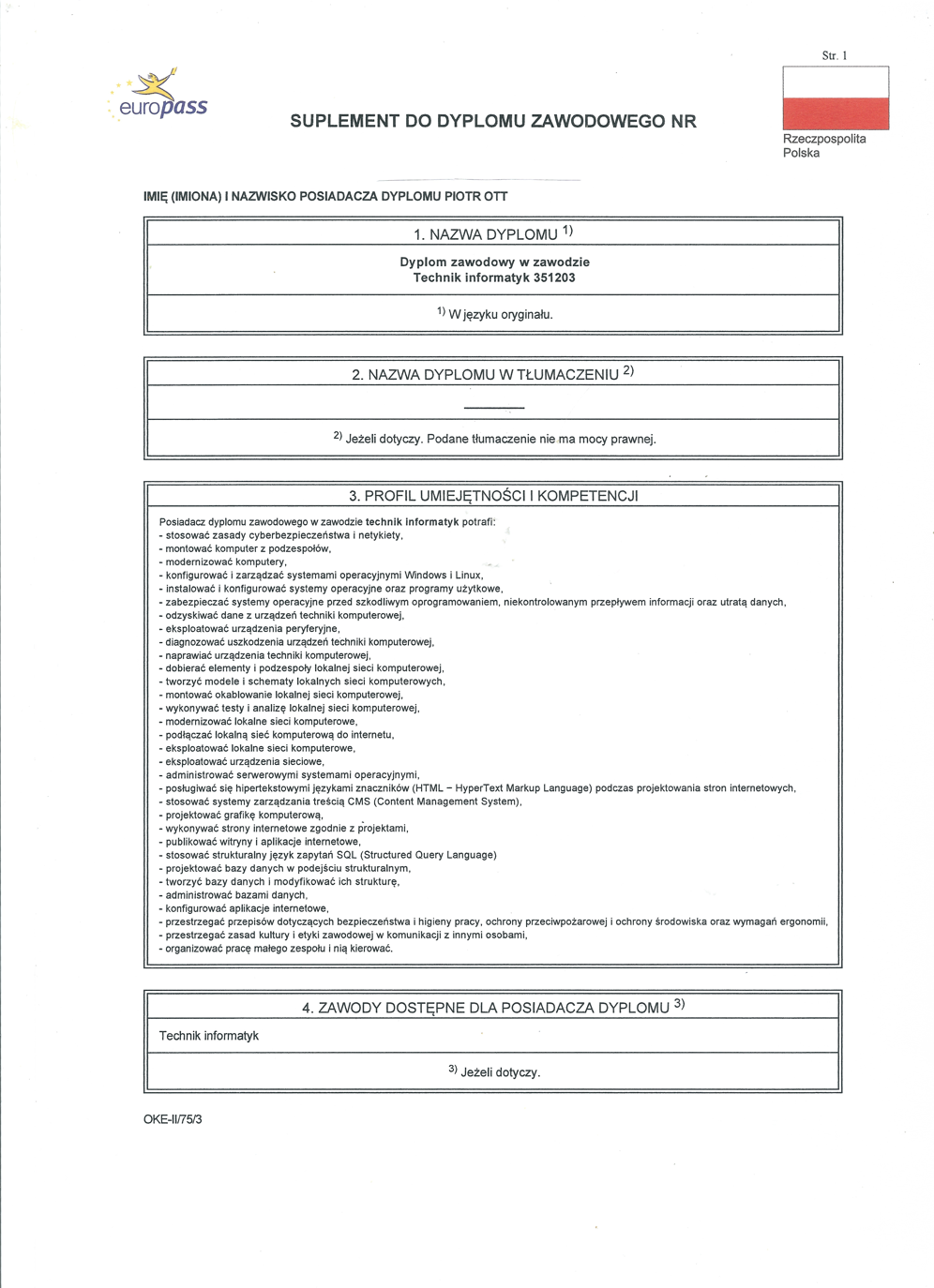 Europass Diploma polish version page 1